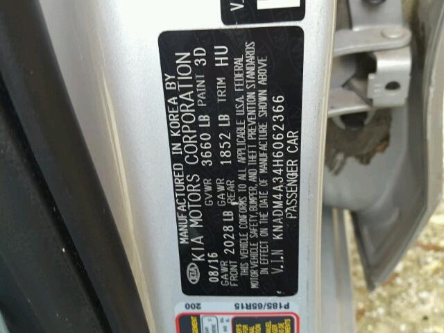 KNADM4A34H6062366 - 2017 KIA RIO LX Արծաթագույն լուսանկար 10
