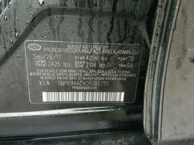 5NPEB4ACXCH382755 - 2012 HYUNDAI SONATA GLS BLACK photo 10