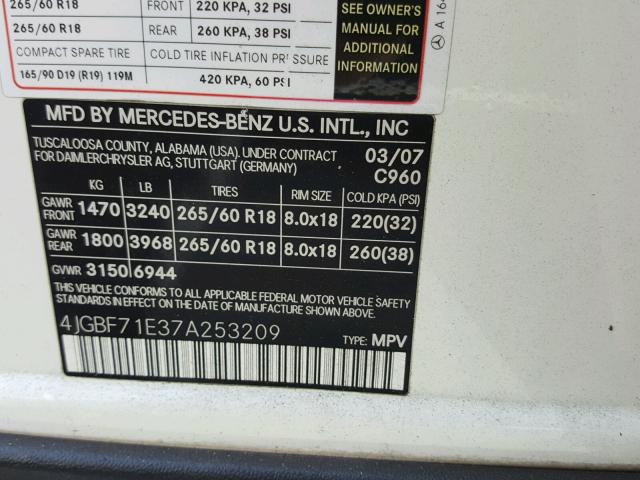 4JGBF71E37A253209 - 2007 MERCEDES-BENZ GL 450 4MA WHITE photo 10