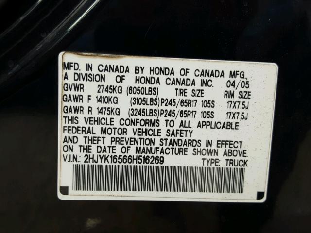 2HJYK16566H516269 - 2006 HONDA RIDGELINE BLACK photo 10