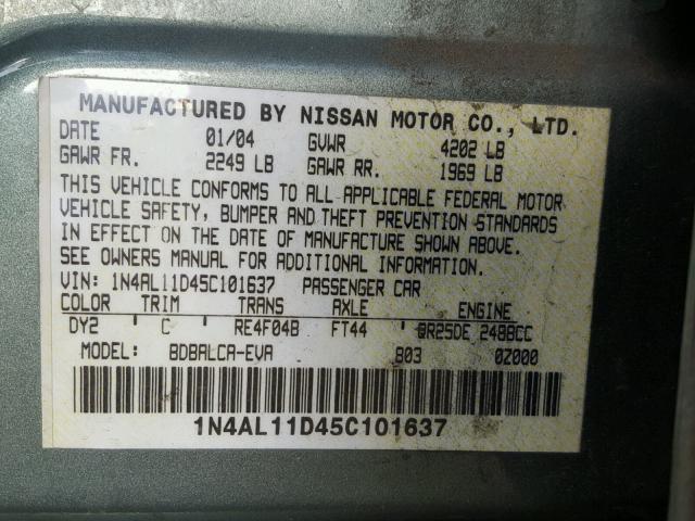 1N4AL11D45C101637 - 2005 NISSAN ALTIMA S GREEN photo 10