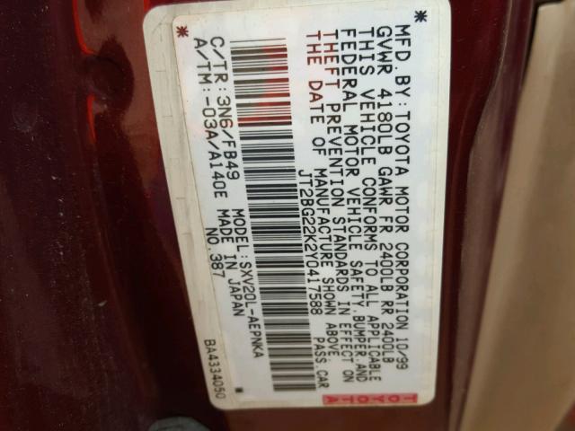 JT2BG22K2Y0417588 - 2000 TOYOTA CAMRY CE MAROON photo 10