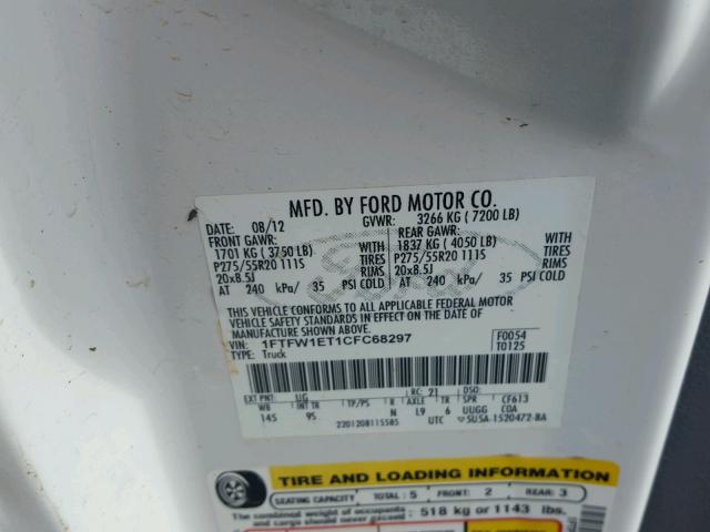 1FTFW1ET1CFC68297 - 2012 FORD F150 SUPER WHITE photo 10