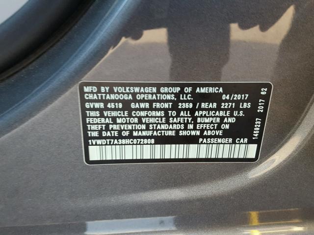 1VWDT7A38HC072808 - 2017 VOLKSWAGEN PASSAT R-L CHARCOAL photo 10