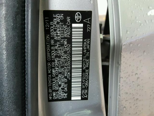 JTDKTUD36CD515352 - 2012 TOYOTA YARIS SILVER photo 10