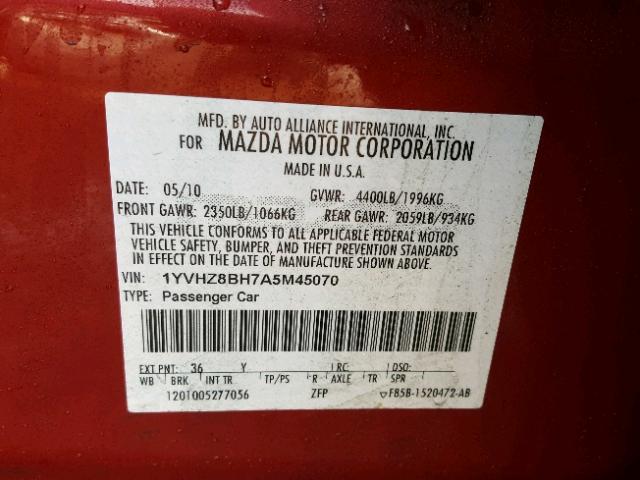 1YVHZ8BH7A5M45070 - 2010 MAZDA 6 I RED photo 10