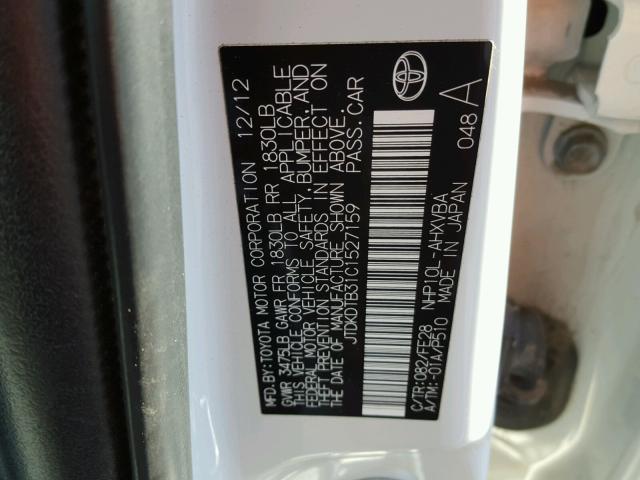 JTDKDTB31C1527159 - 2012 TOYOTA PRIUS C WHITE photo 10