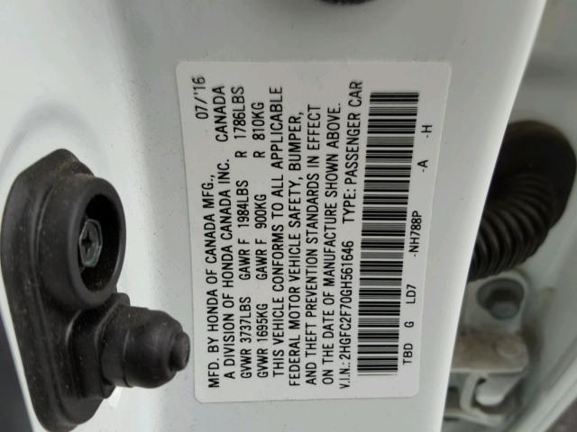 2HGFC2F70GH561646 - 2016 HONDA CIVIC EX თეთრი ფოტო 10