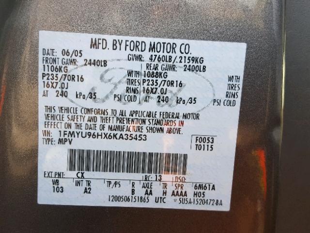 1FMYU96HX6KA35453 - 2006 FORD ESCAPE HEV CHARCOAL photo 10