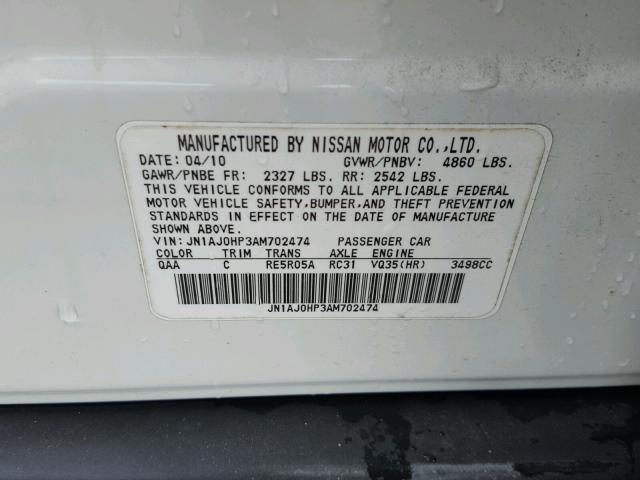 JN1AJ0HP3AM702474 - 2010 INFINITI EX35 BASE WHITE photo 10