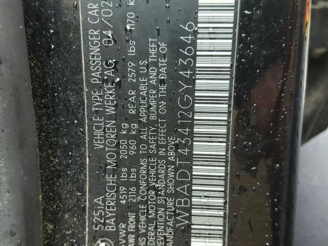 WBADT43412GY43646 - 2002 BMW 525 I AUTO BLACK photo 10