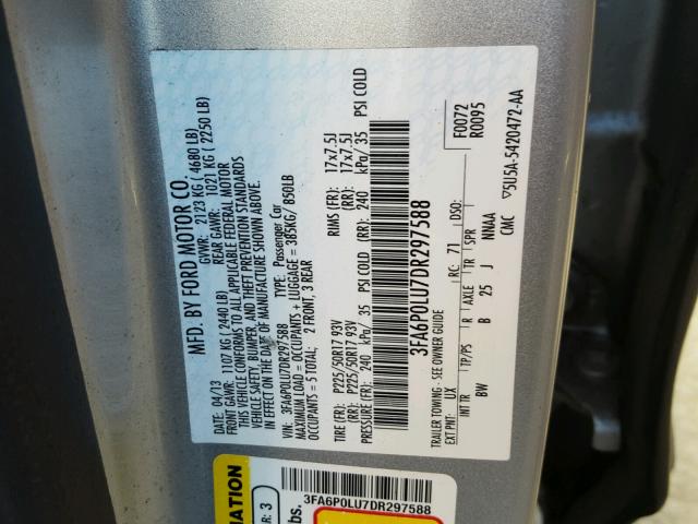 3FA6P0LU7DR297588 - 2013 FORD FUSION SE SILVER photo 10