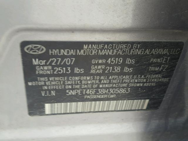 5NPET46F38H305863 - 2008 HYUNDAI SONATA GLS GRAY photo 10