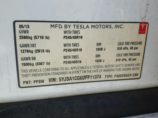 5YJSA1CG6DFP11374 - 2013 TESLA MODEL S WHITE photo 10