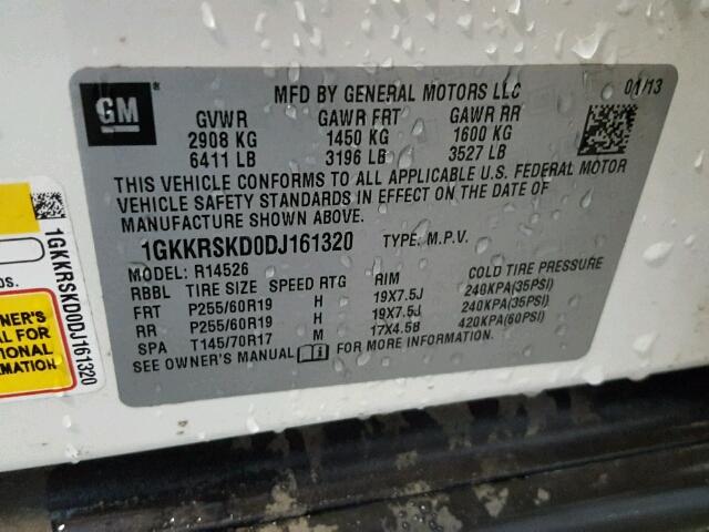 1GKKRSKD0DJ161320 - 2013 GMC ACADIA SLT 奶油色 照片 10