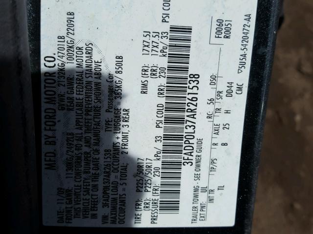 3FADP0L37AR261538 - 2010 FORD FUSION HYB BLACK photo 10