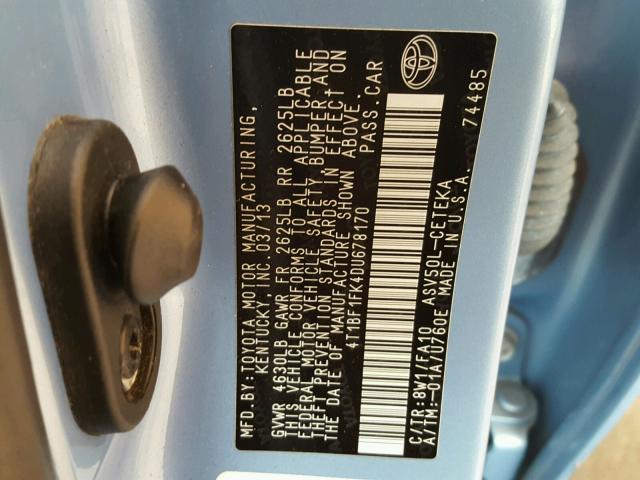 4T1BF1FK4DU678170 - 2013 TOYOTA CAMRY L BLUE photo 10