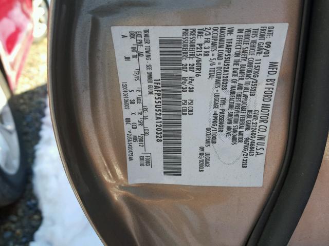 1FAFP55U52A120328 - 2002 FORD TAURUS SES BEIGE photo 10