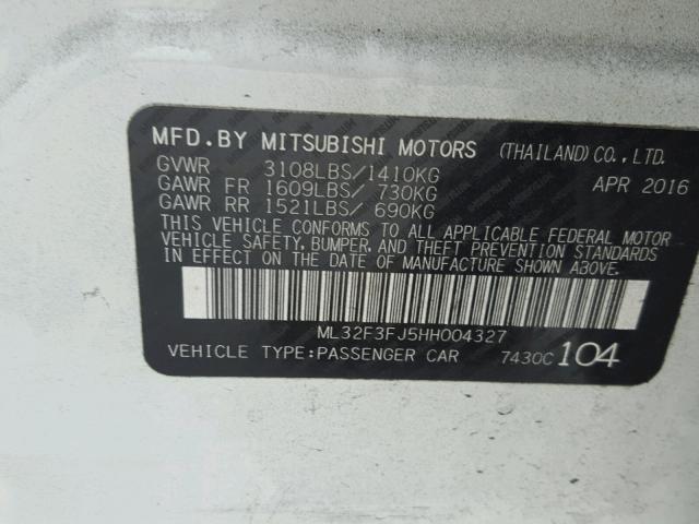 ML32F3FJ5HH004327 - 2017 MITSUBISHI MIRAGE G4 WHITE photo 10