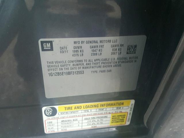 1G1ZB5E19BF312553 - 2011 CHEVROLET MALIBU LS ნაცრისფერი ფოტო 10