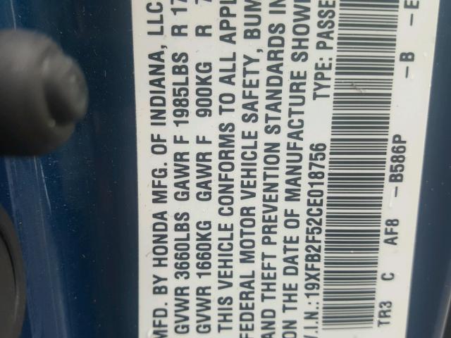 19XFB2F52CE018756 - 2012 HONDA CIVIC LX BLUE photo 10