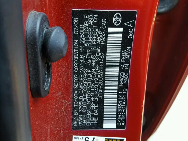 JTDKB20U987811462 - 2008 TOYOTA PRIUS RED photo 10