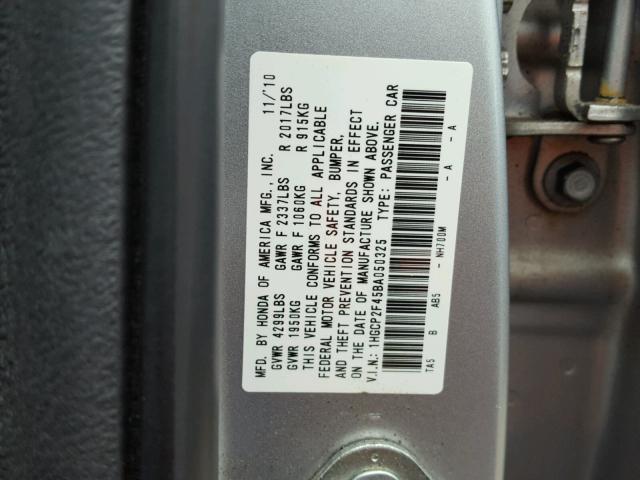 1HGCP2F45BA050325 - 2011 HONDA ACCORD LXP GRAY photo 10