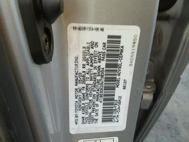 4T1BE30K03U738354 - 2003 TOYOTA CAMRY LE SILVER photo 10