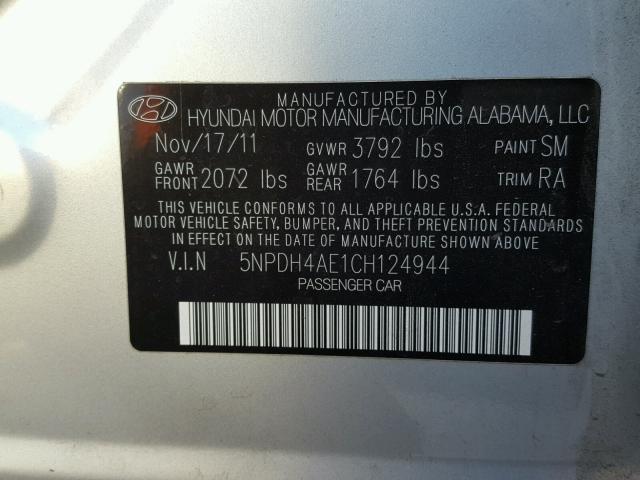 5NPDH4AE1CH124944 - 2012 HYUNDAI ELANTRA GL SILVER photo 10