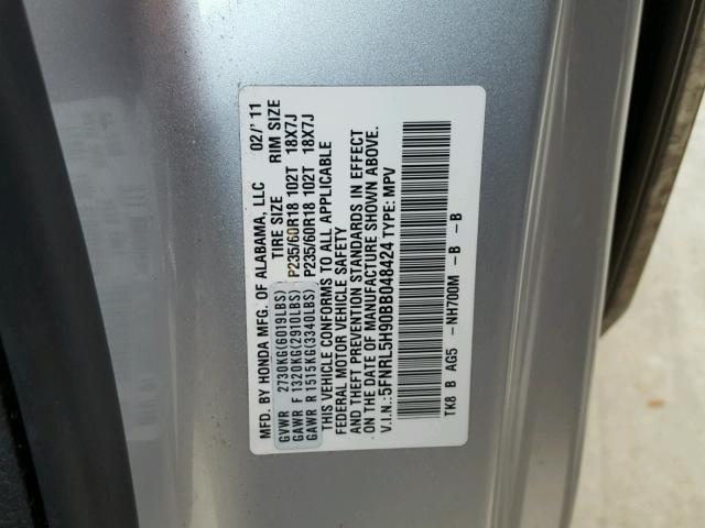 5FNRL5H90BB048424 - 2011 HONDA ODYSSEY TO SILVER photo 10