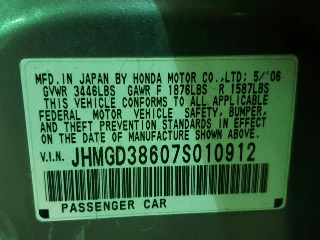 JHMGD38607S010912 - 2007 HONDA FIT S SILVER photo 10