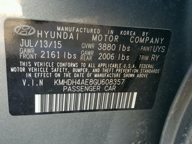 KMHDH4AE8GU608357 - 2016 HYUNDAI ELANTRA SE GRAY photo 10