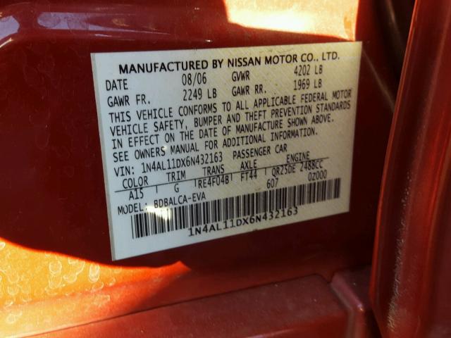 1N4AL11DX6N432163 - 2006 NISSAN ALTIMA S RED photo 10