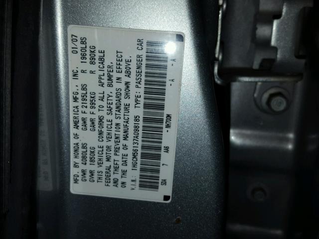 1HGCM56137A098185 - 2007 HONDA ACCORD VAL SILVER photo 10