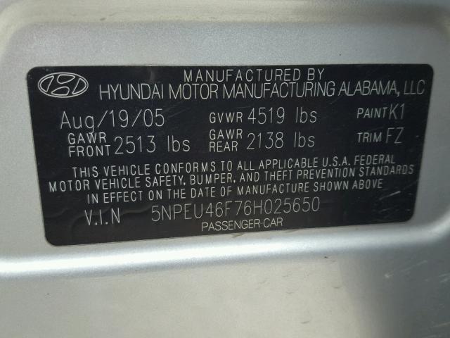 5NPEU46F76H025650 - 2006 HYUNDAI SONATA GLS SILVER photo 10