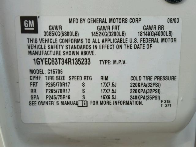 1GYEC63T34R135233 - 2004 CADILLAC ESCALADE L WHITE photo 10