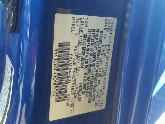 3N1BC1CPXBL457454 - 2011 NISSAN VERSA S BLUE photo 10