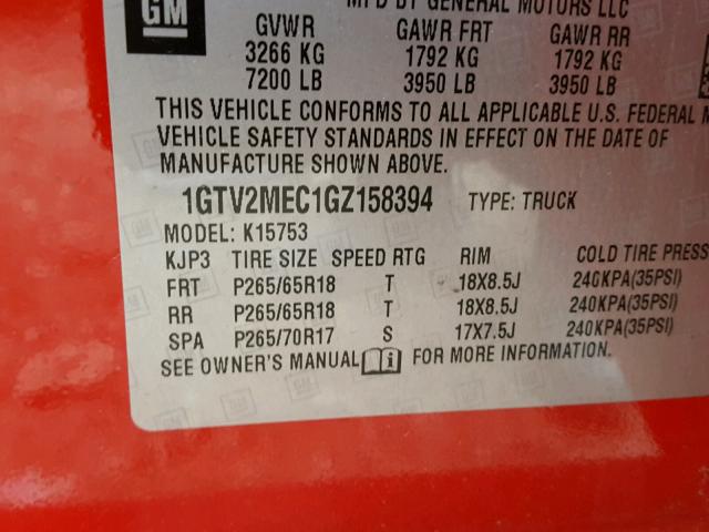 1GTV2MEC1GZ158394 - 2016 GMC SIERRA K15 RED photo 10