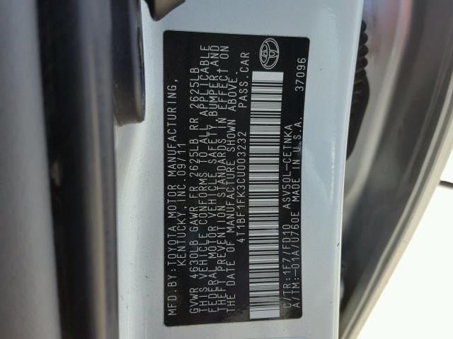 4T1BF1FK3CU003232 - 2012 TOYOTA CAMRY BASE SILVER photo 10