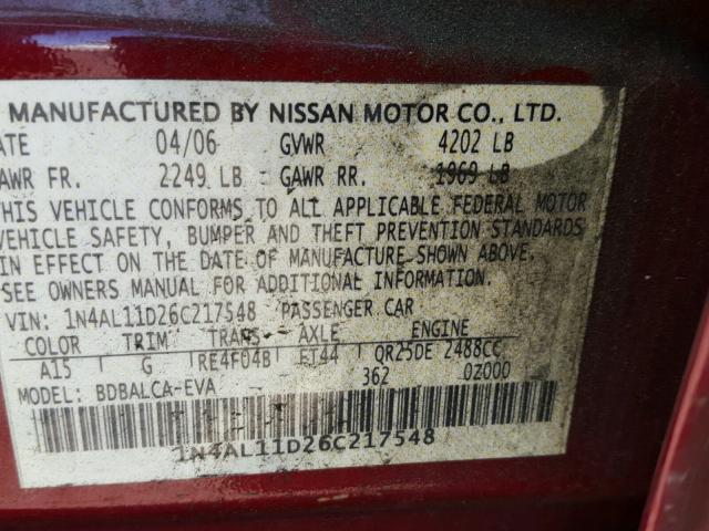 1N4AL11D26C217548 - 2006 NISSAN ALTIMA S RED photo 10