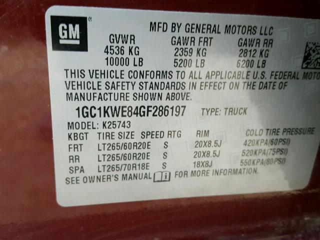 1GC1KWE84GF286197 - 2016 CHEVROLET SILVERADO BURGUNDY photo 10