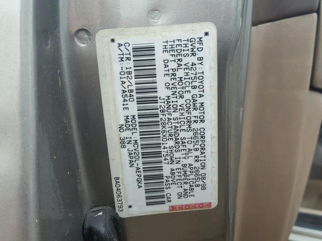 JT2BF28K6X0147547 - 1999 TOYOTA CAMRY LE GRAY photo 10