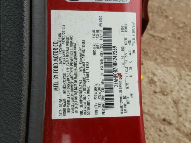 3FAHP08Z08R249269 - 2008 FORD FUSION SEL RED photo 10