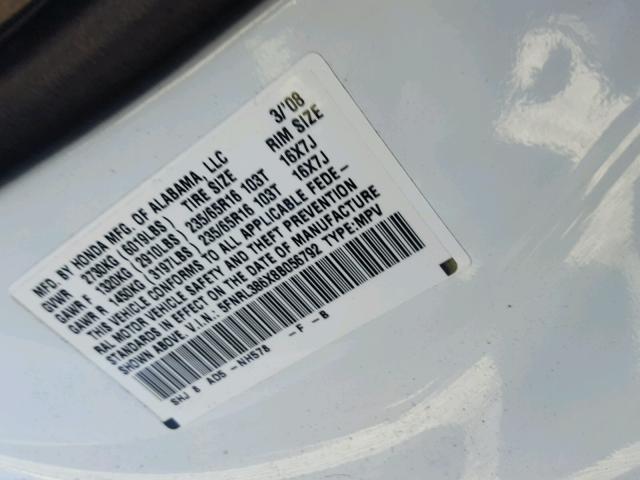 5FNRL386X8B056792 - 2008 HONDA ODYSSEY EX WHITE photo 10