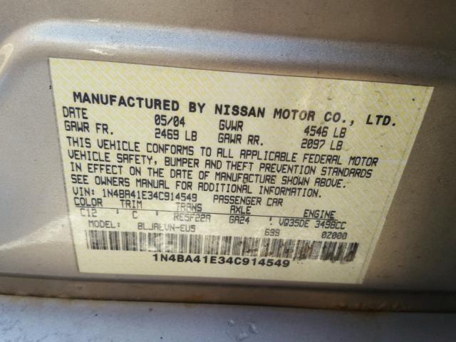 1N4BA41E34C914549 - 2004 NISSAN MAXIMA SE BROWN photo 10