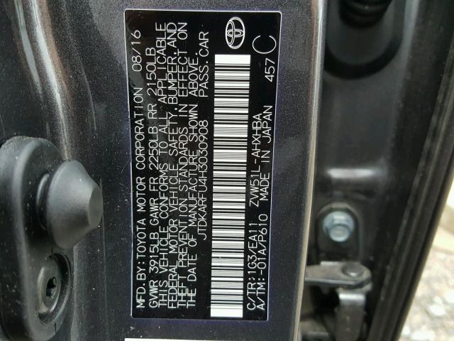 JTDKARFU4H3030908 - 2017 TOYOTA PRIUS GRAY photo 10