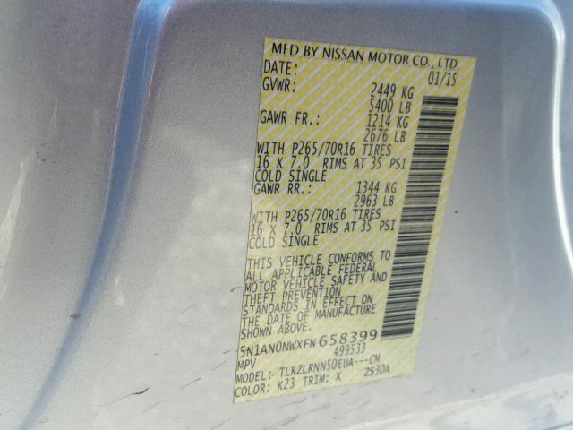 5N1AN0NWXFN658399 - 2015 NISSAN XTERRA X SILVER photo 10