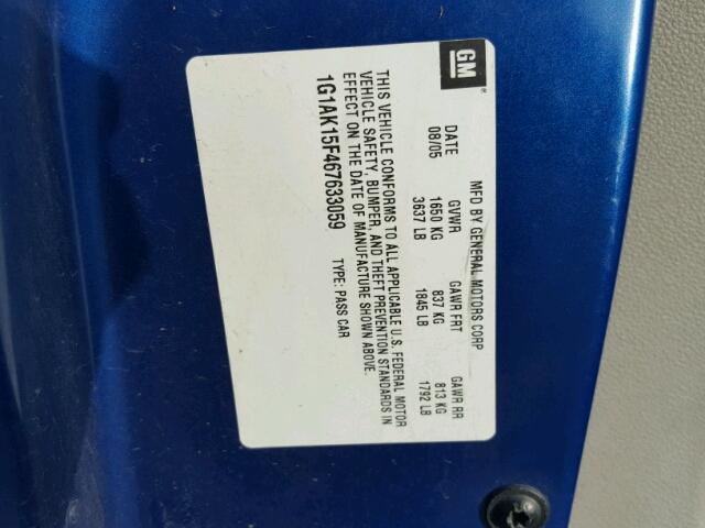 1G1AK15F467633059 - 2006 CHEVROLET COBALT LS BLUE photo 10