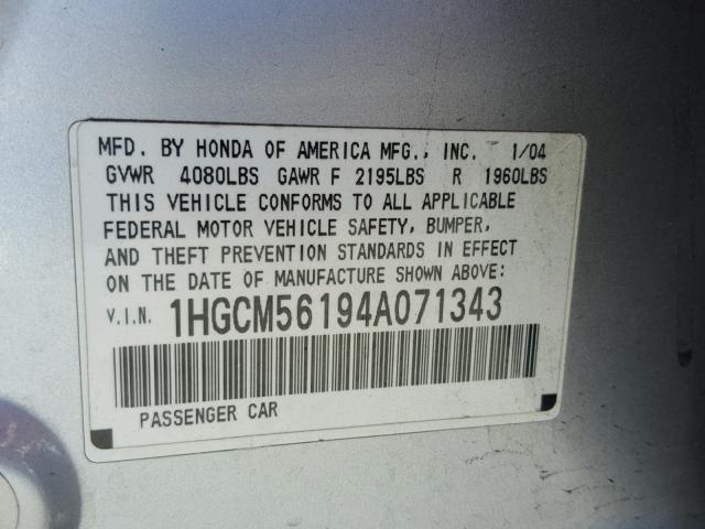 1HGCM56194A071343 - 2004 HONDA ACCORD DX SILVER photo 10