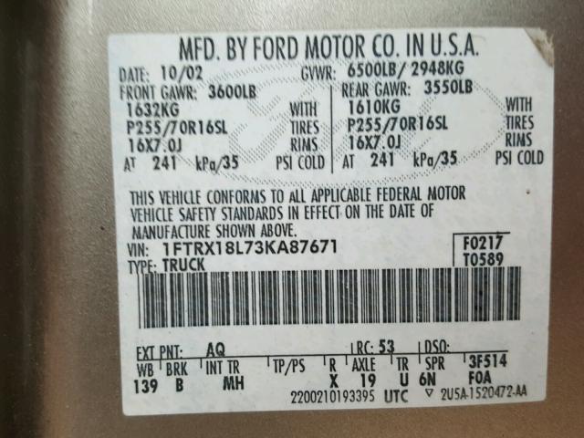 1FTRX18L73KA87671 - 2003 FORD F150 BROWN photo 10